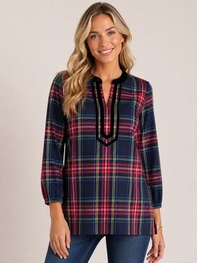 Talbots Cabin Plaid Split Neck Tunic Velvet Trim Cotton Top Small